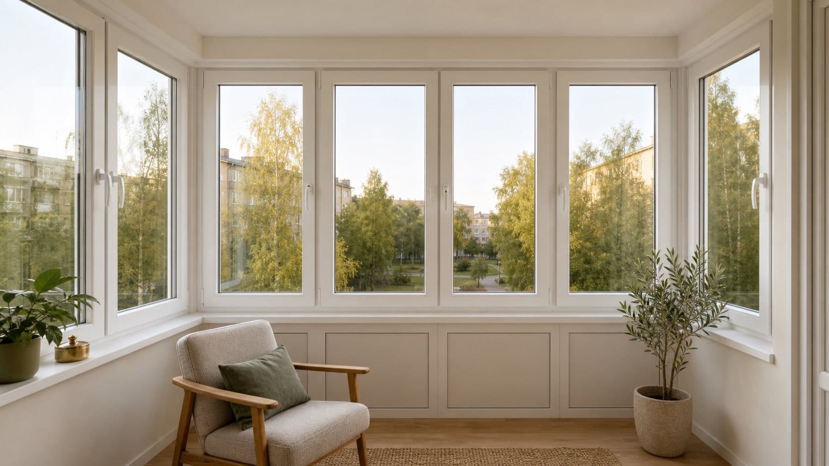 Baltų PVC profilių langais įstiklintas jaukus balkonas
